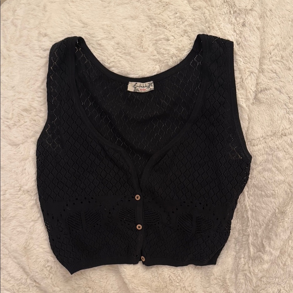 Free People Black Mesh Buttoned Tank Top